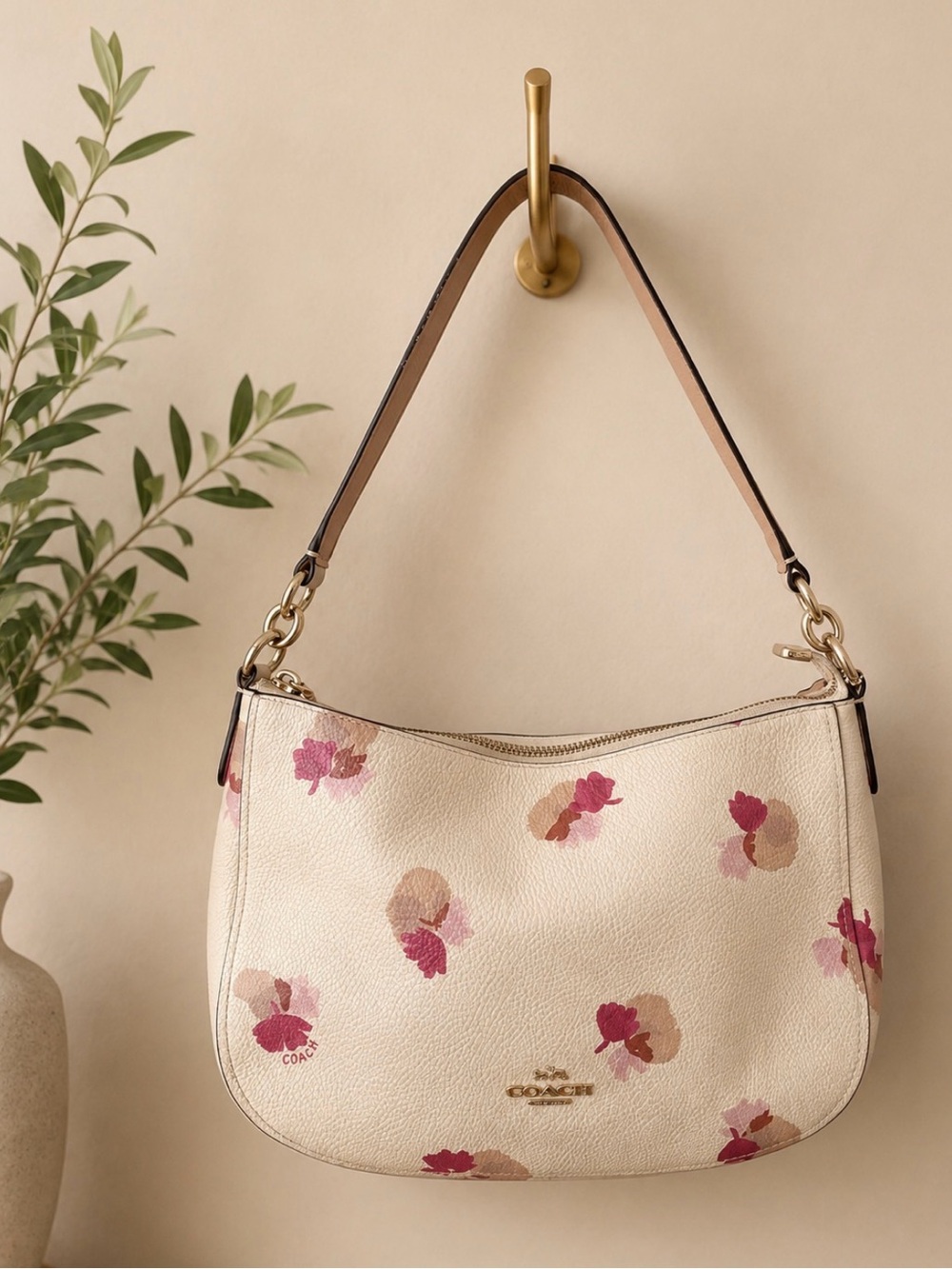 Coach Elle Floral Print Pebbled Leather Shoulder Bag in Cream
